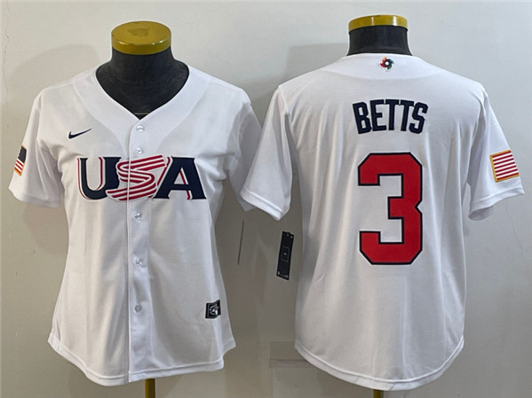 Women's USA Baseball #3 Mookie Betts 2023 White World Baseball Classic Stitched Jersey(Run Small)